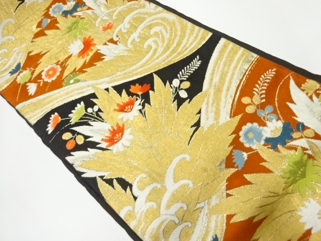 JAPANESE KIMONO / ANTIQUE FUKURO OBI / SILK / WOVEN ROUGH WAVES & FLORAL PLANTS